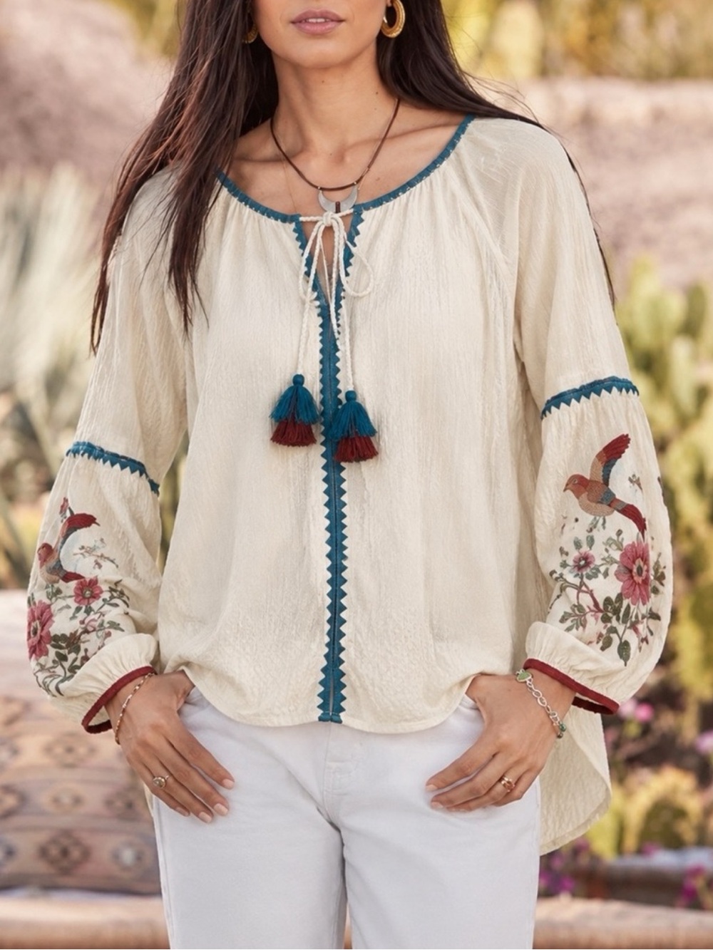 Women’s Sundance Paloma Embroidered Ivory Peasant Top Bird & Floral Details Sz M